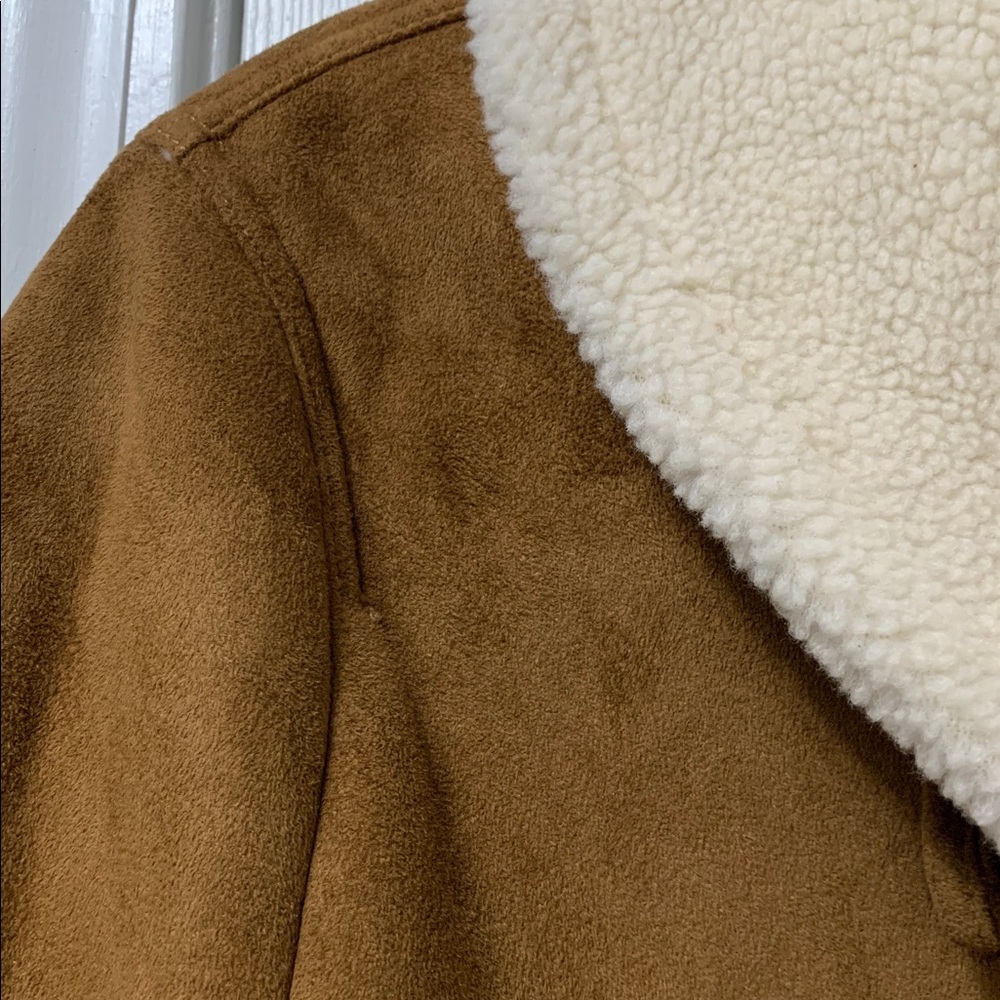 LANDS’END. Brown Faux Suede Coat with Cream Trim - Picture 3 of 8